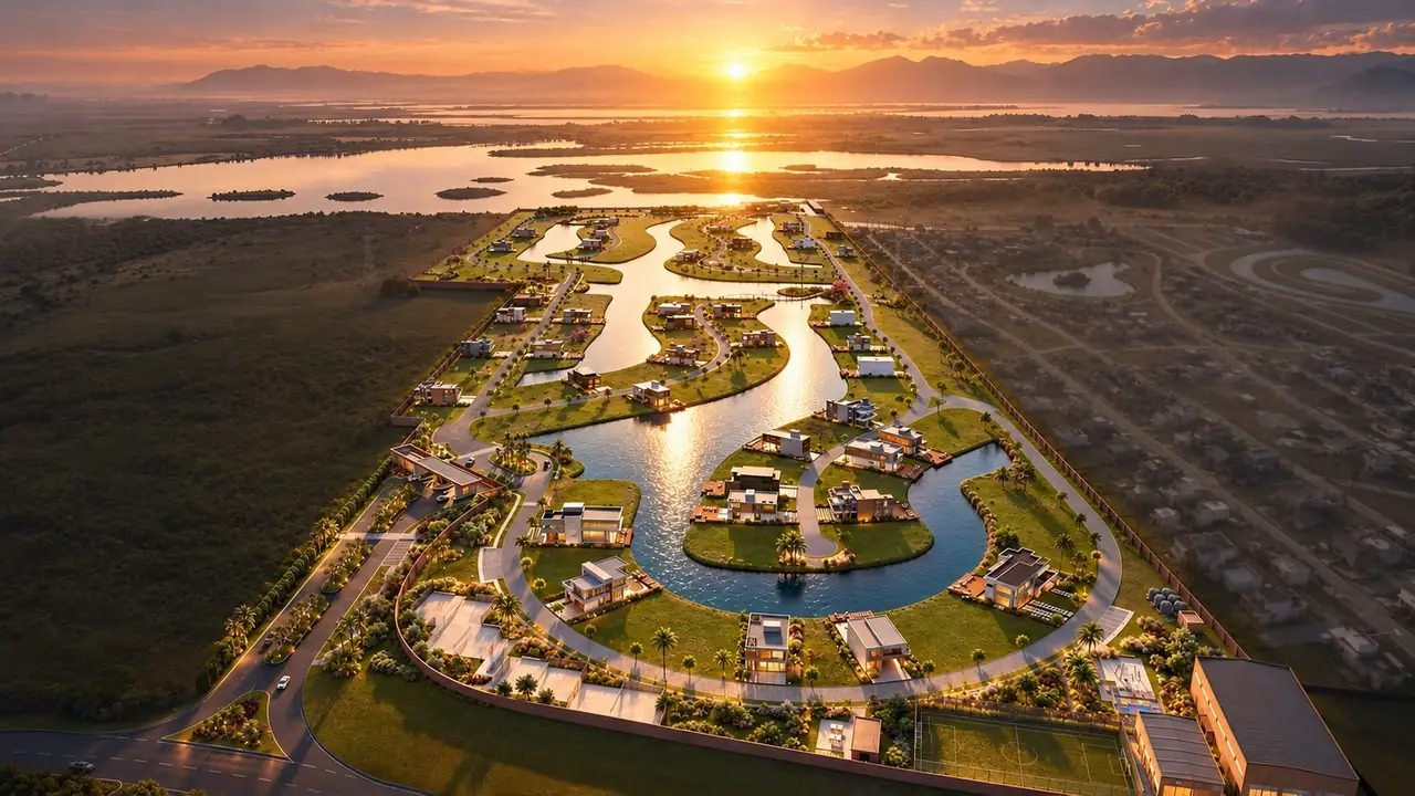 Render aéreo do Condomínio Poente ao pôr do sol, com lagos sinuosos entre os lotes e a Lagoa do Passo ao fundo