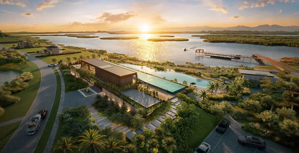 Render do rooftop com piscina de borda infinita voltada para a Lagoa do Passo ao pôr do sol, com o píer ao fundo